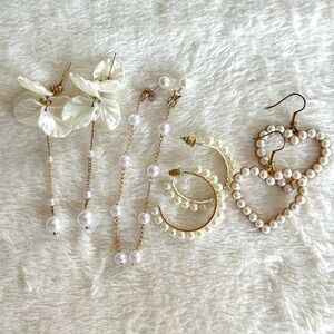 Elegant Pearl Earring Set of 4 pairs, hearts, hoops, dangles, floral